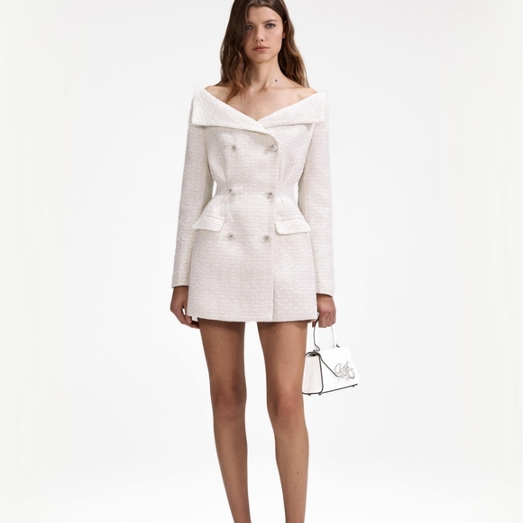 Self-Portrait Cream Metallic Boucle Mini Dress